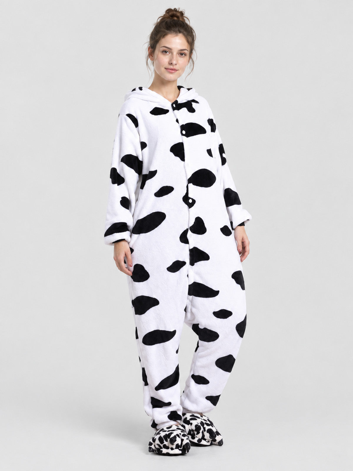 White Flannel Pajama Jumpsuit with Animal Print