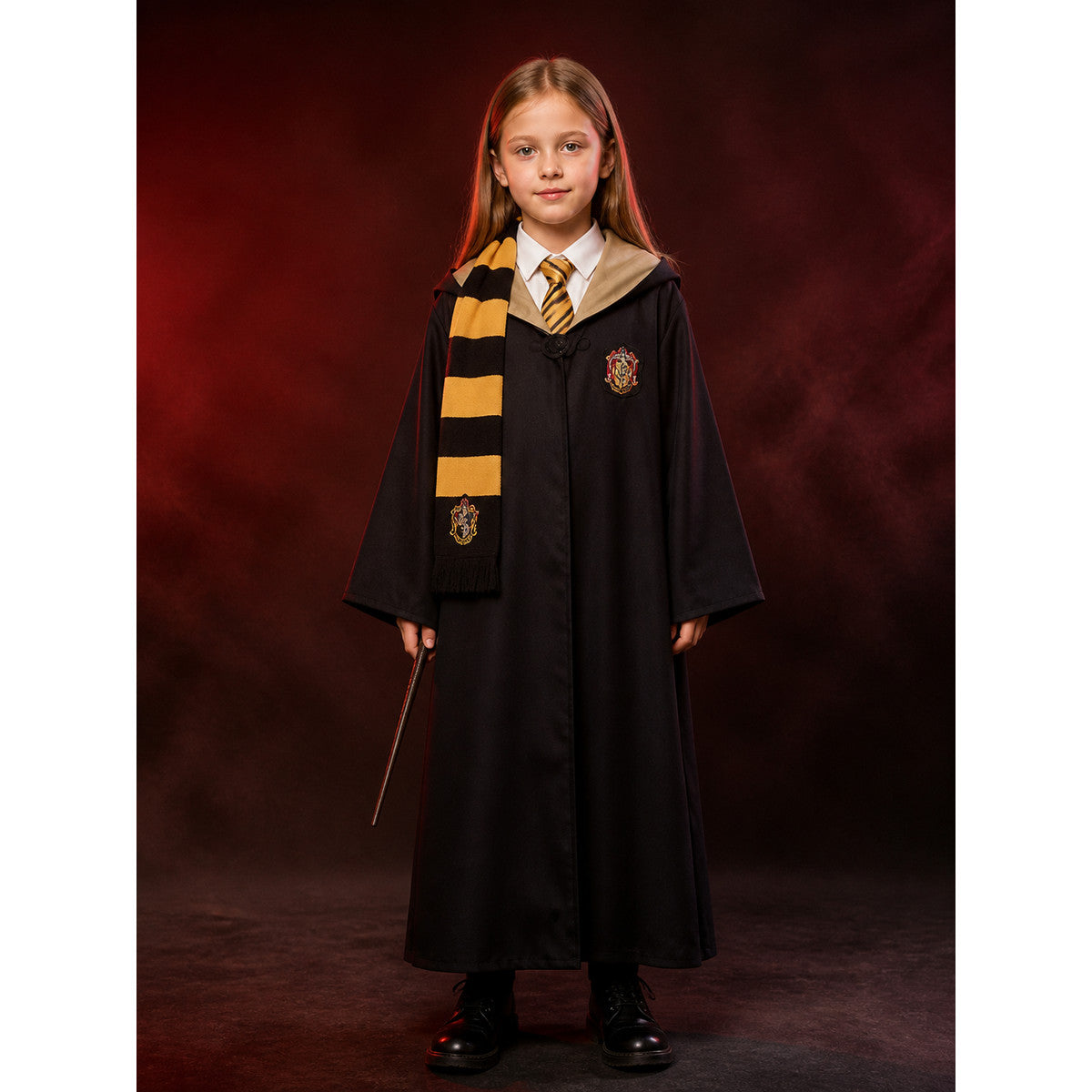 Kids Wizard Costume Set - Black Hooded Robe with Academy Crest & Yellow Black main product view