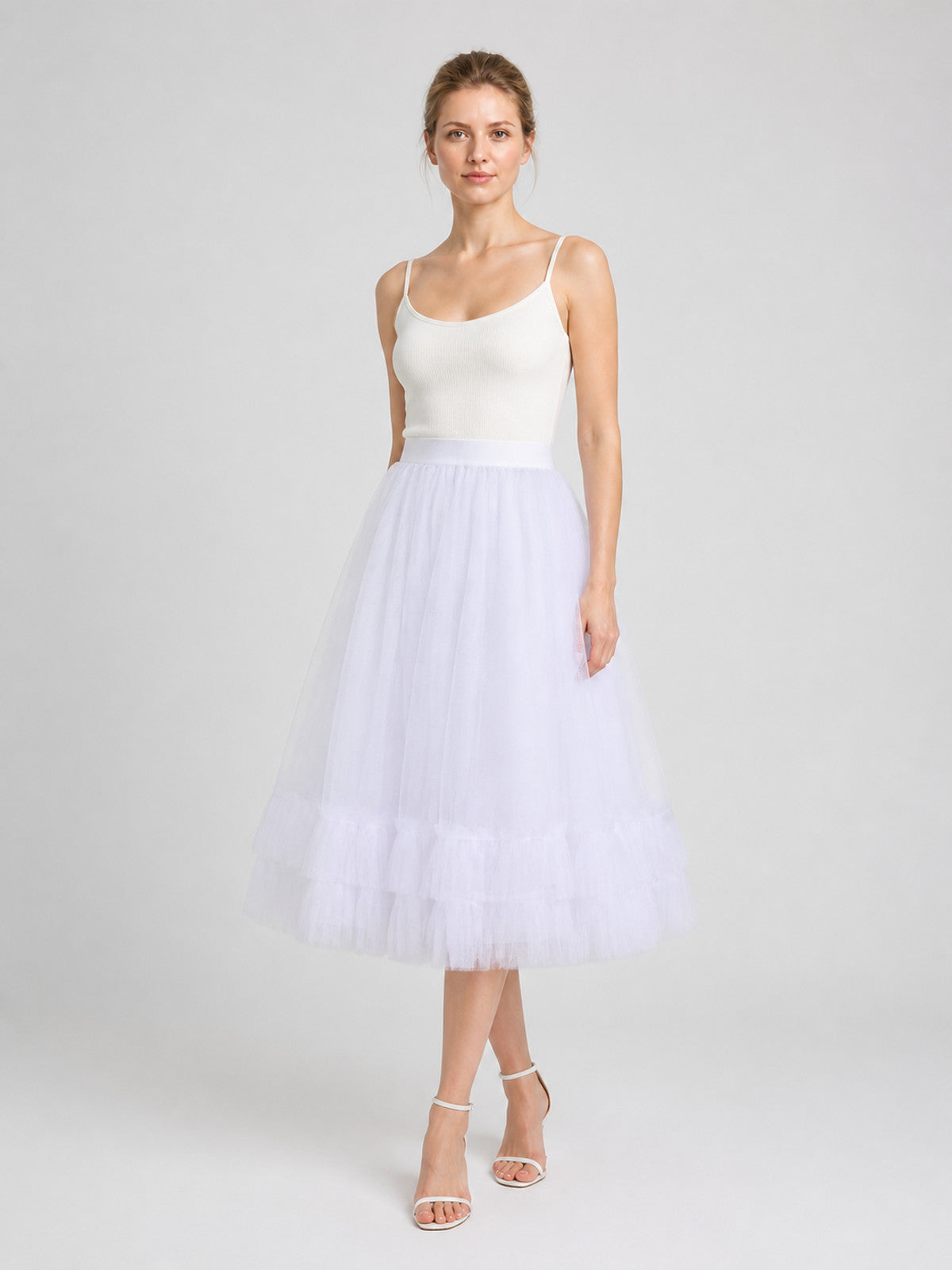 White Layered Tutu Skirt with Elastic Waistband and Ruffles product detail