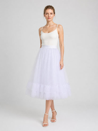 White Layered Tutu Skirt with Elastic Waistband and Ruffles product detail