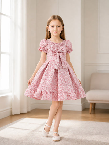 Pink Full Dress with Bow and Puff Sleeves lifestyle view