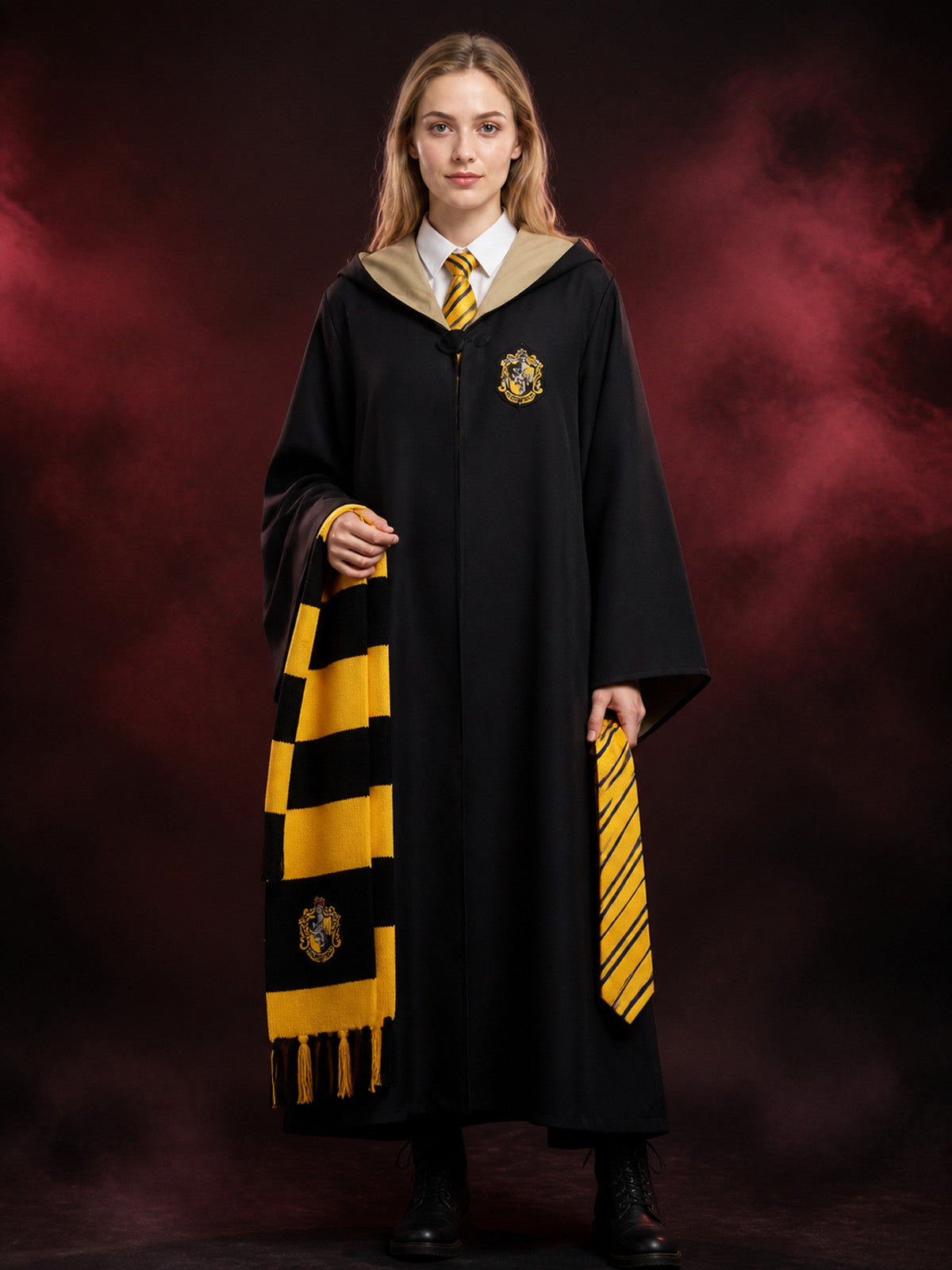Hufflepuff Wizard Robe Costume Set with Hooded Cloak, Tie, Scarf and Halloween main product view