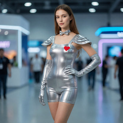 Silver Jumpsuit with Red Heart for Cosplay lifestyle view