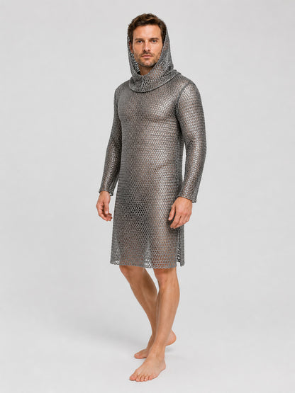 Silver Hooded Chainmail Dress with Diamond-Patterned Mesh