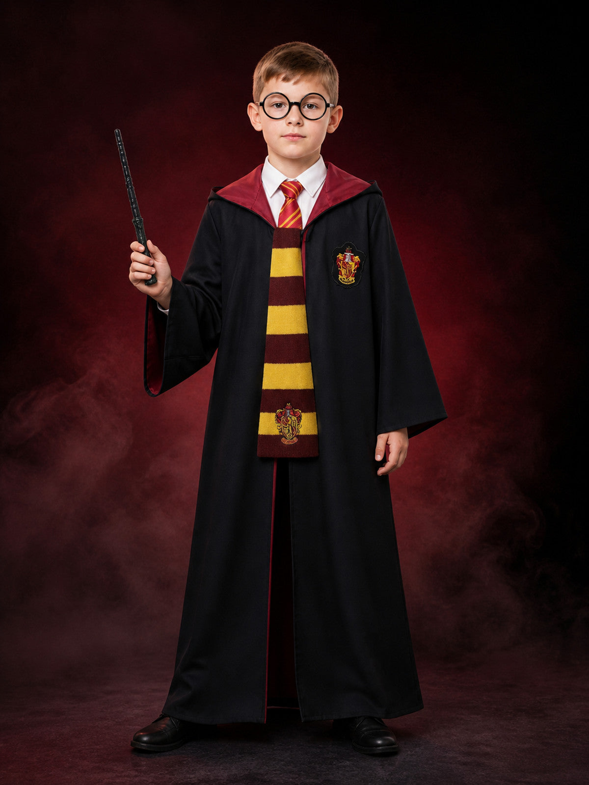 Kids Red and Yellow Hooded Wizard Robe Costume Set with Scarf, Tie, Glasses and