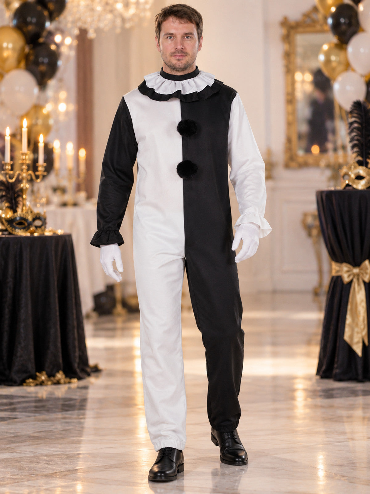 Black and White Clown Costume with Ruffles and Pom-Poms, 3 Pieces