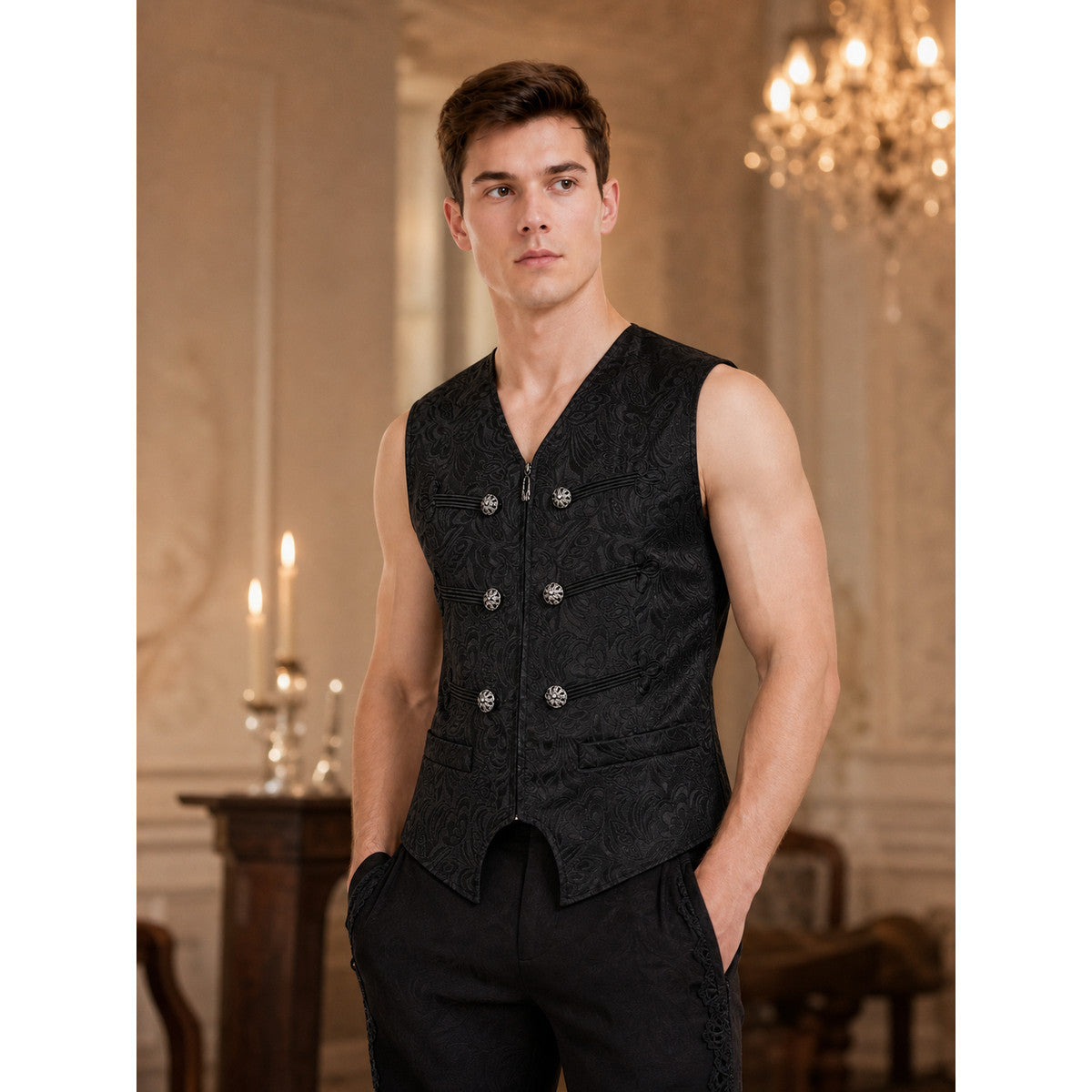 Costume Sleeveless Vest with Jacquard Pattern lifestyle view