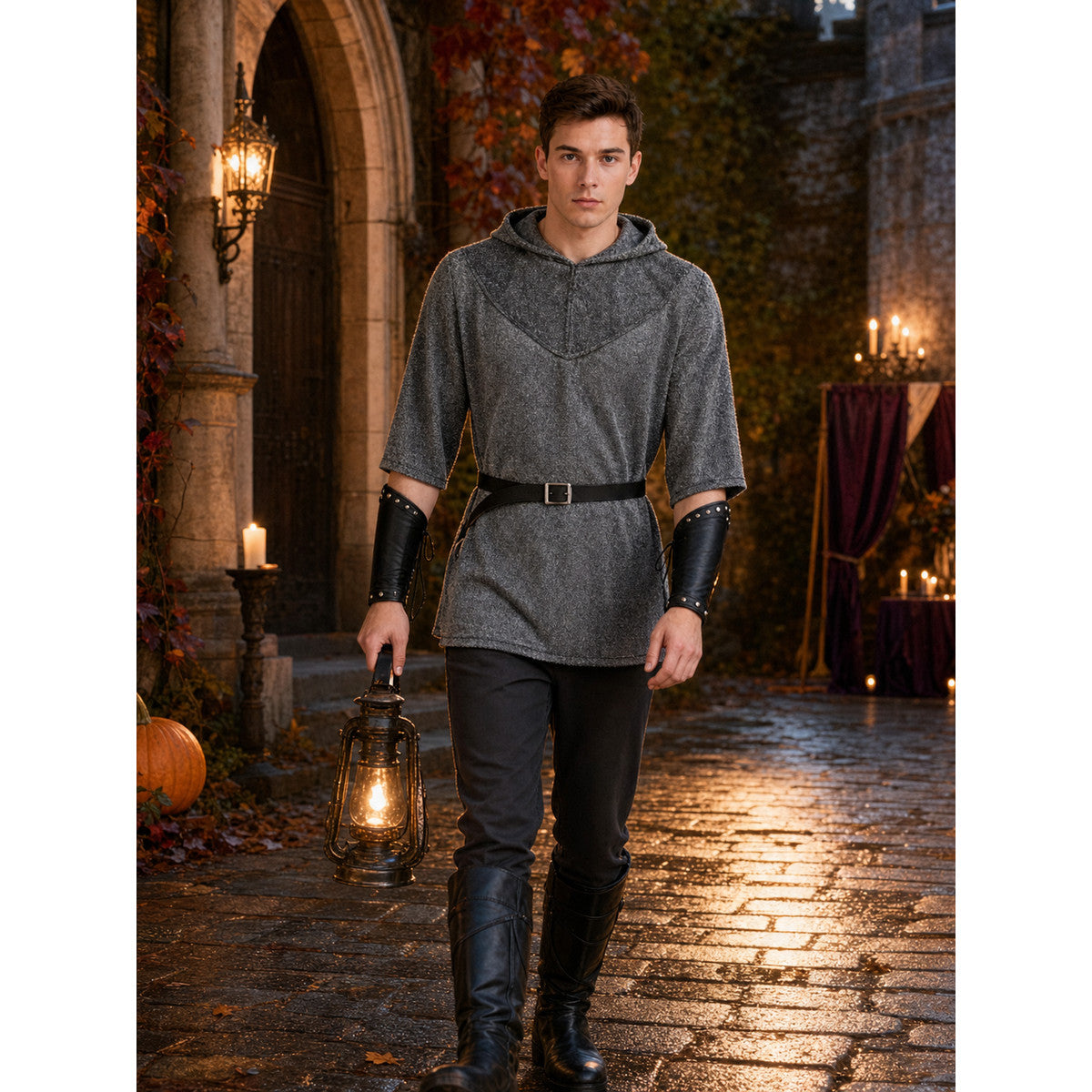 Medieval Warrior Cosplay Costume Set, 6-Piece Hooded Top, Pants, Boots, Arm Guards, Leg Guards And Sword For Role Play Performance