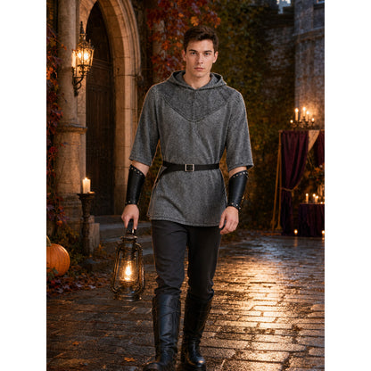 Medieval Warrior Cosplay Costume Set, 6-Piece Hooded Top, Pants, Boots, Arm Guards, Leg Guards And Sword For Role Play Performance