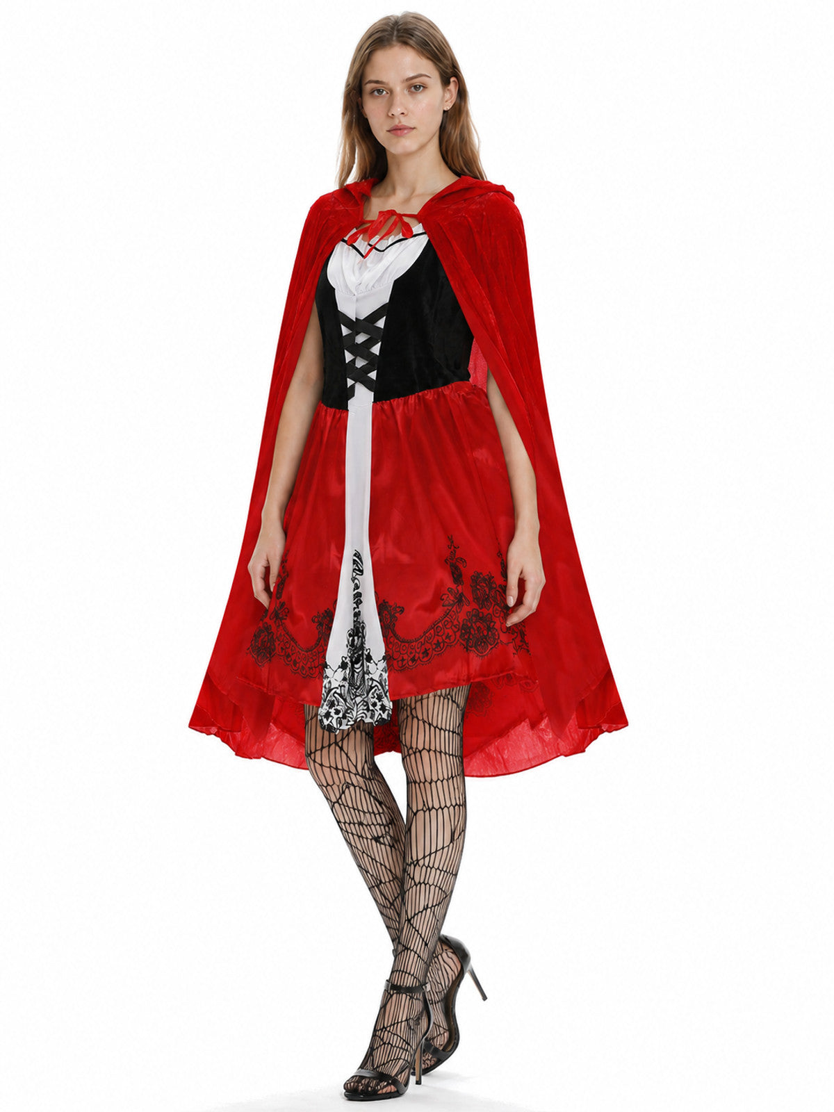 Red Dress with Hooded Cape and Floral Pattern Costume Dresses detail
