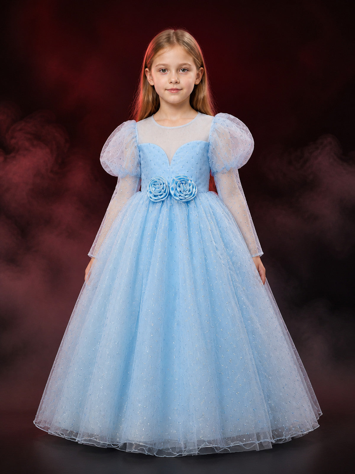 Girls' Light Blue Princess Dress With Puff Sleeves, Layered Tulle Skirt and main product view