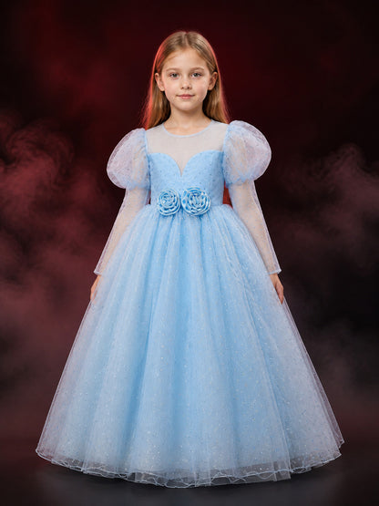 Girls' Light Blue Princess Dress With Puff Sleeves, Layered Tulle Skirt and main product view