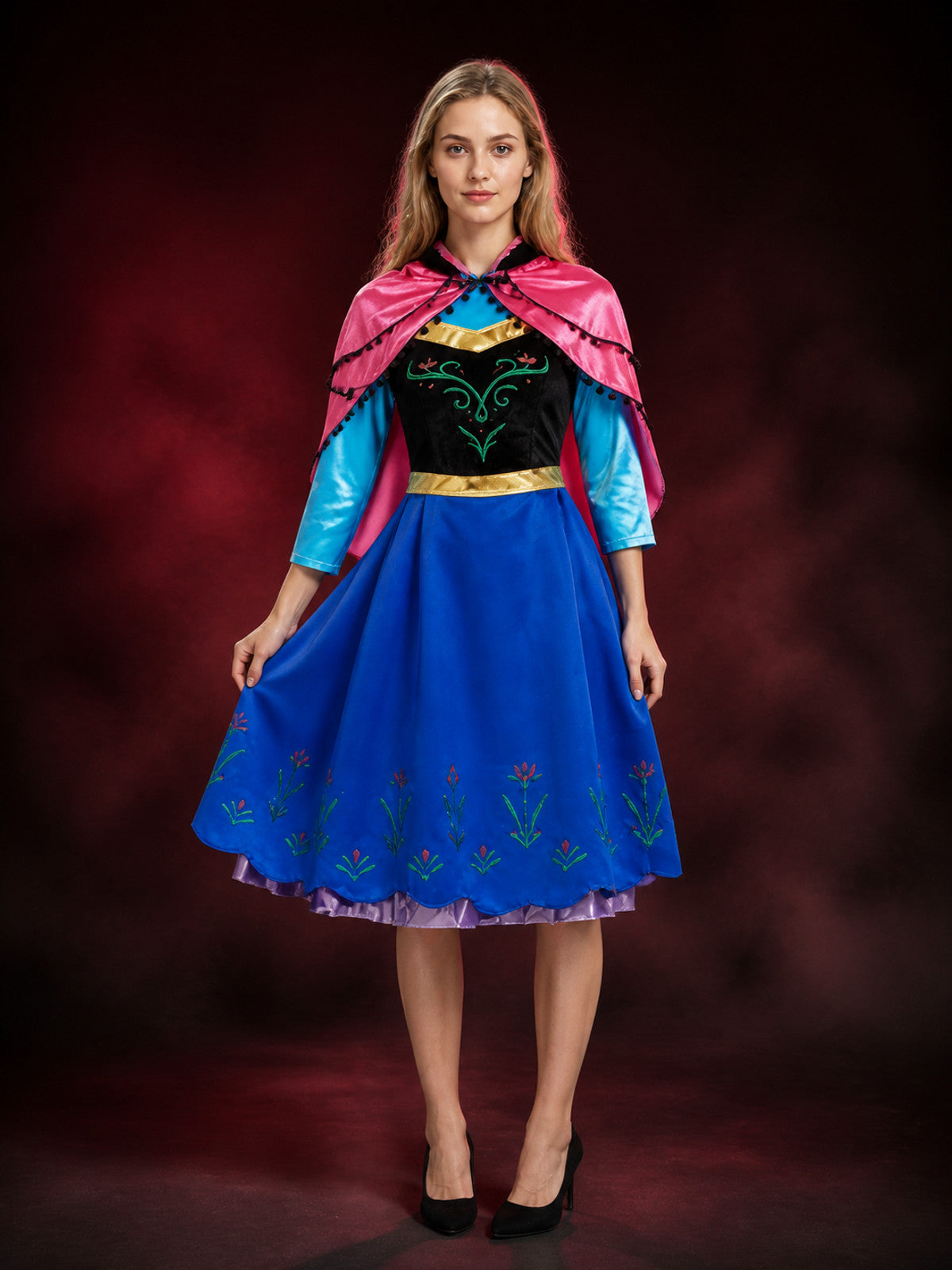 Anna Style Princess Costume Dress, Blue Floral Print Cape Gown with Gold Belt