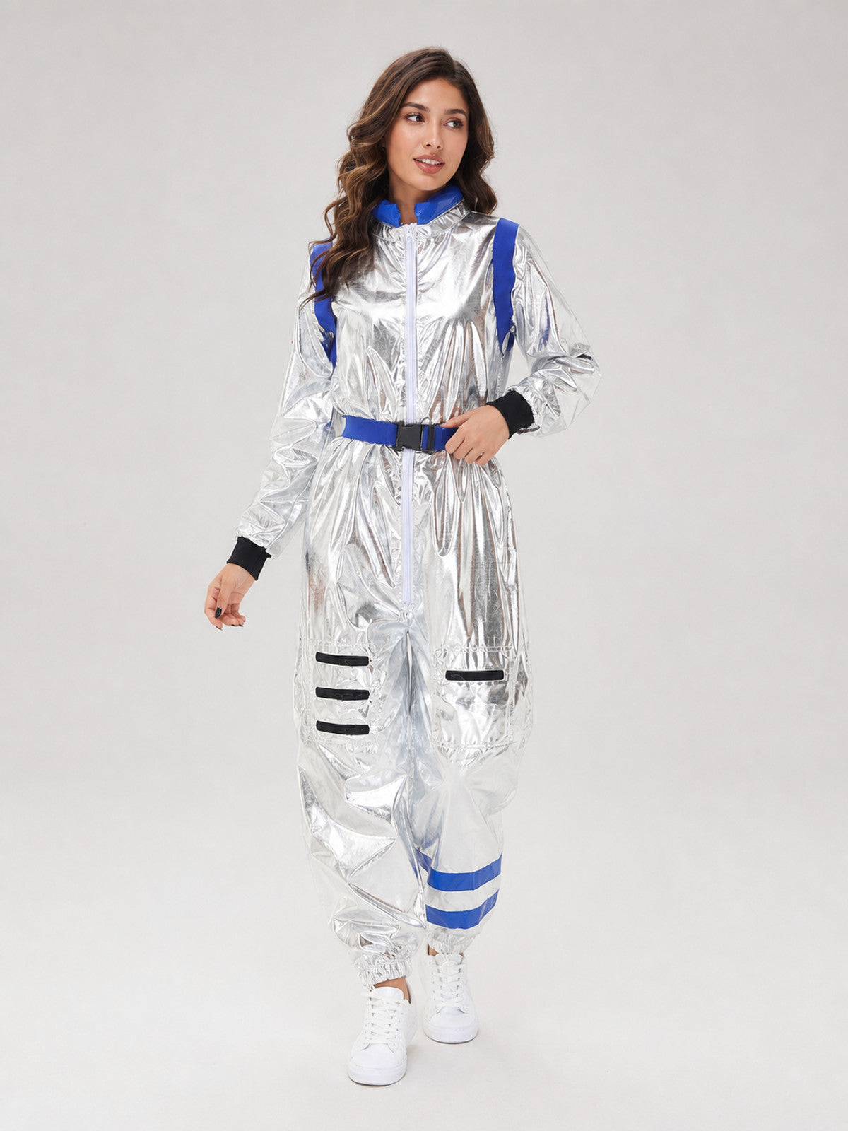 Silver and blue one-piece astronaut costume for cosplay