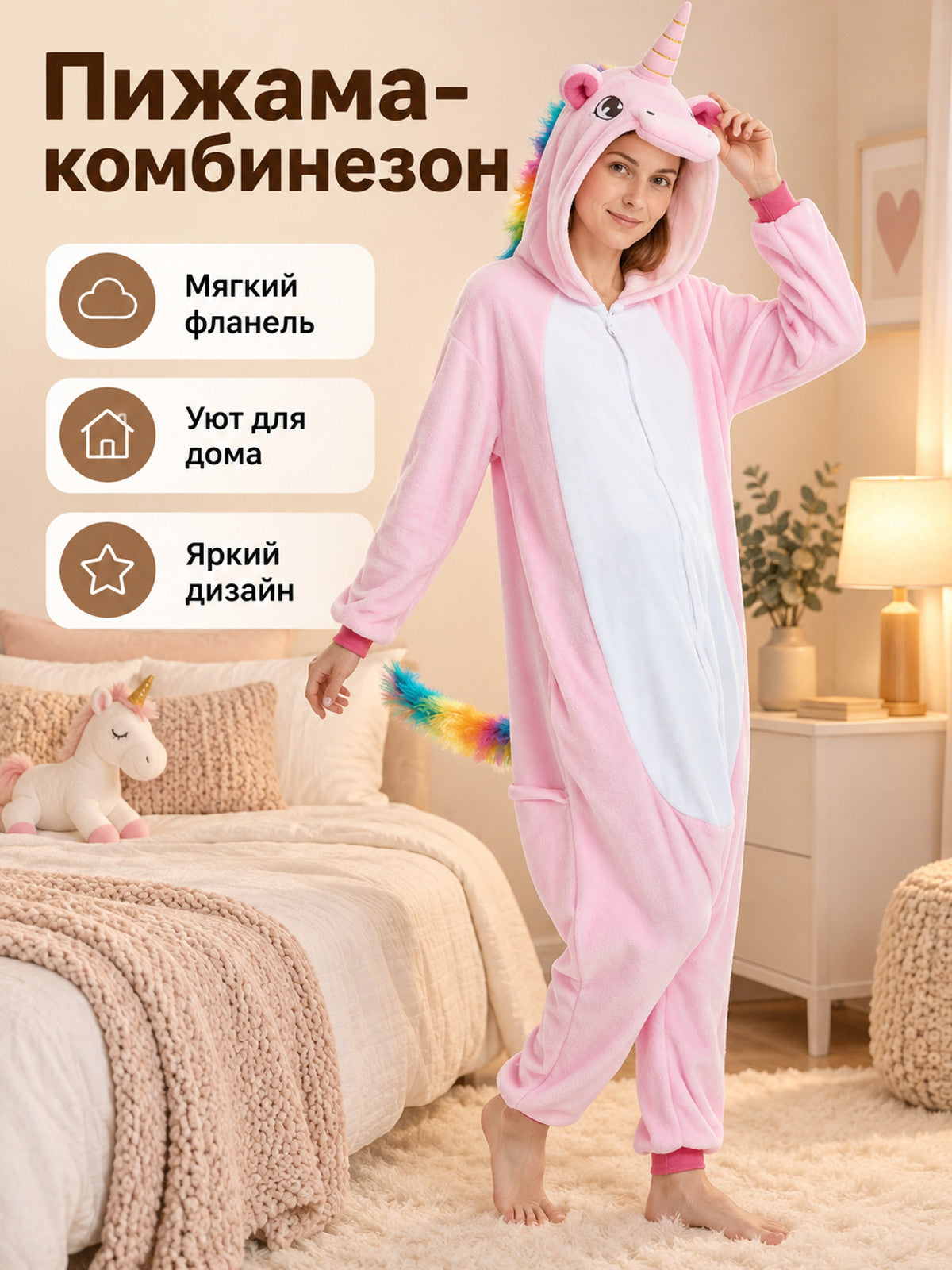 Pink Flannel Hooded Unicorn Pajama Jumpsuit