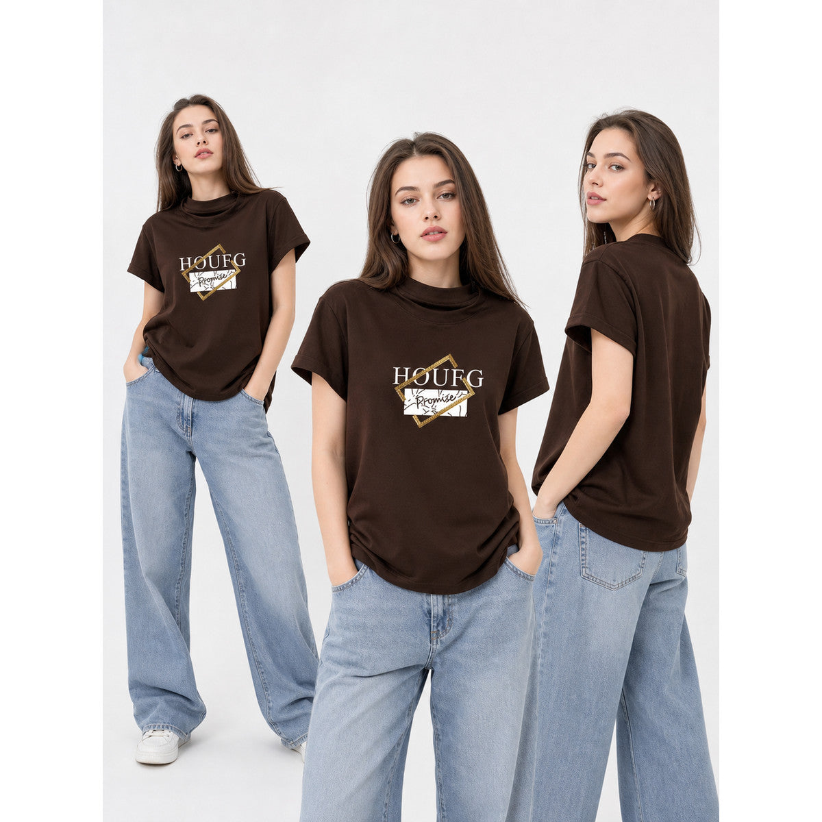 Women's Printed T-Shirt, Short Sleeve, High Neck lifestyle view