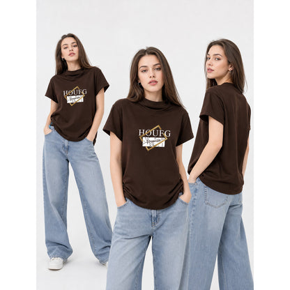 Women's Printed T-Shirt, Short Sleeve, High Neck lifestyle view