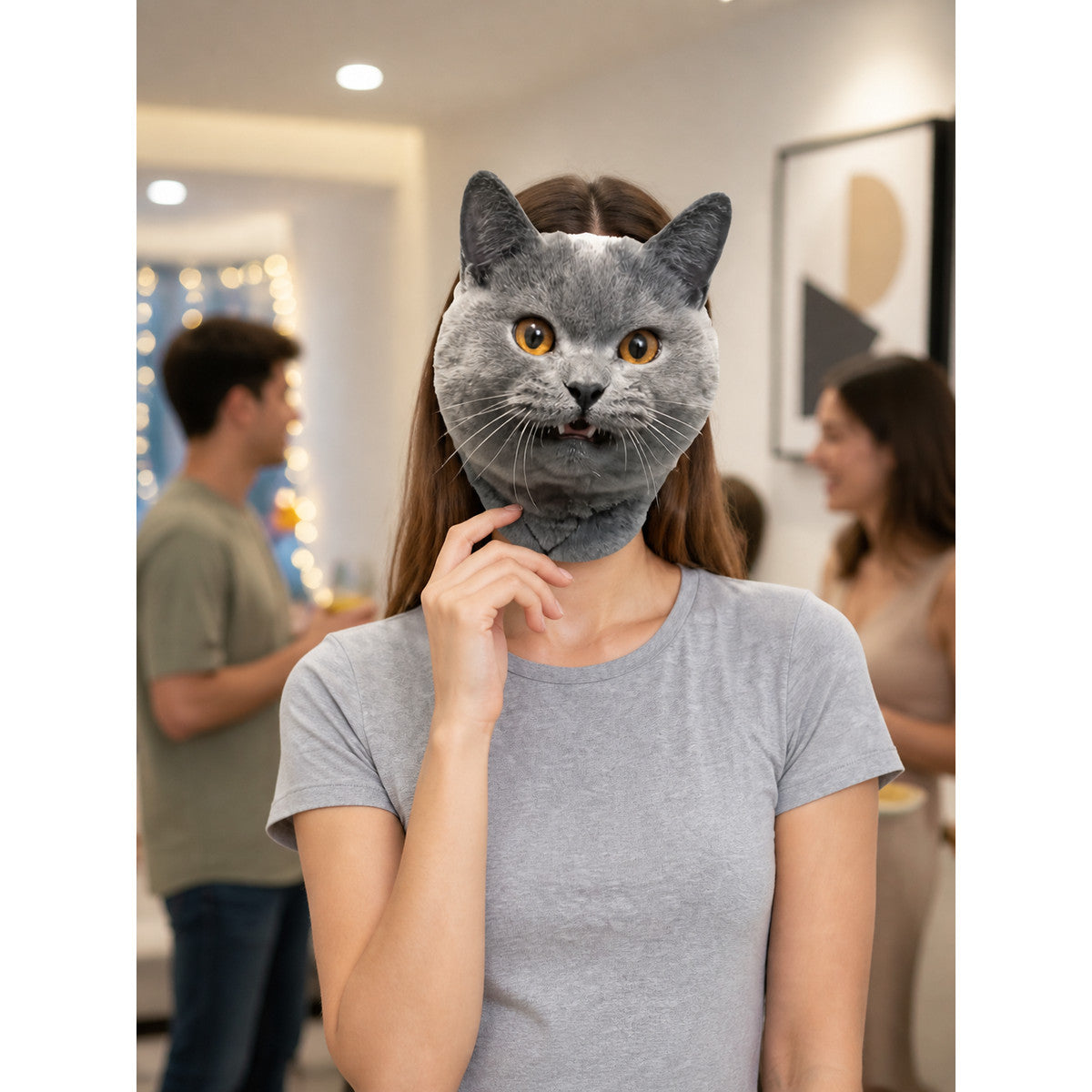 Gray Cat Face Halloween Mask with Whiskers lifestyle view