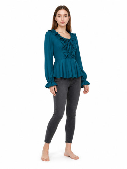 Ruffled Blouse with Flared Sleeves, Turquoise