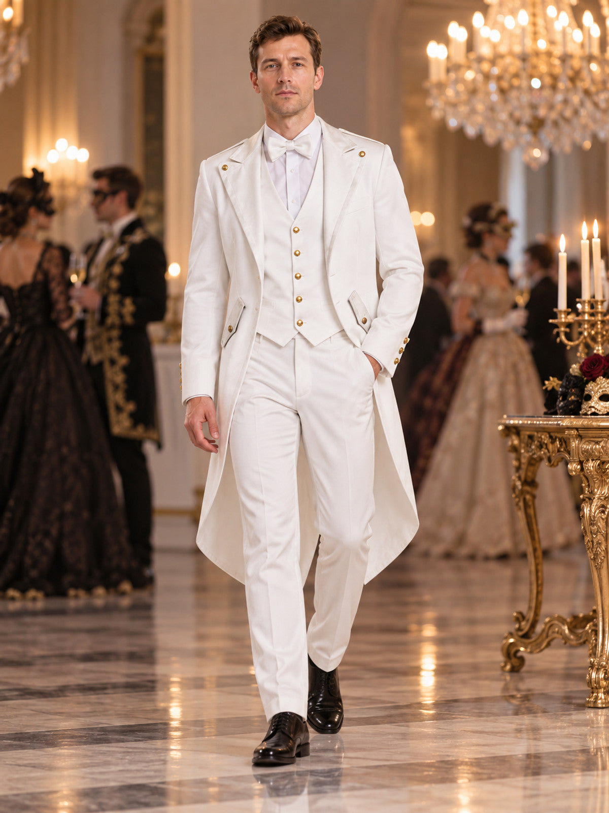 Long white tailcoat with lapels and gold buttons