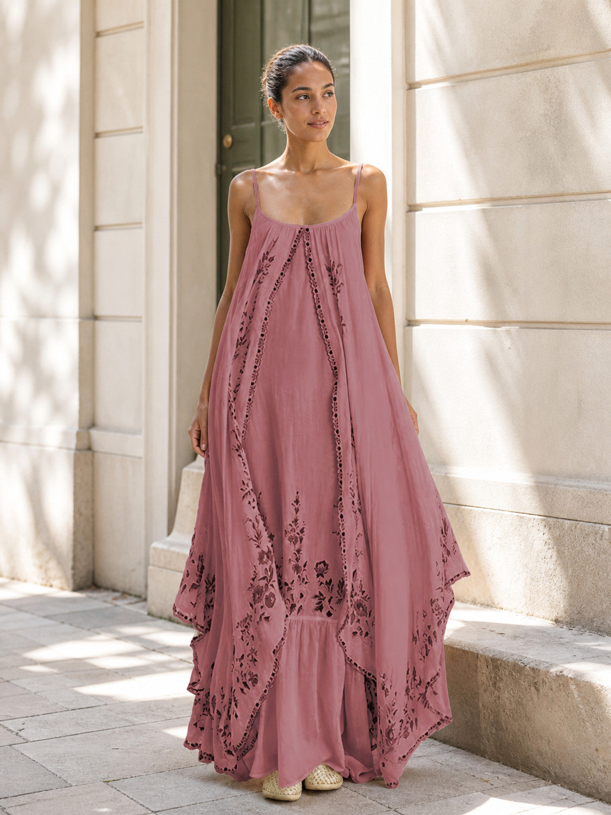 Long Pink Dress with Thin Straps and Print Costume Dresses detail