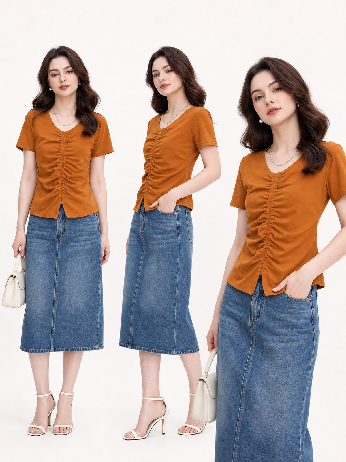 Women's V-Neck Ruched Top, Pumpkin Orange lifestyle view