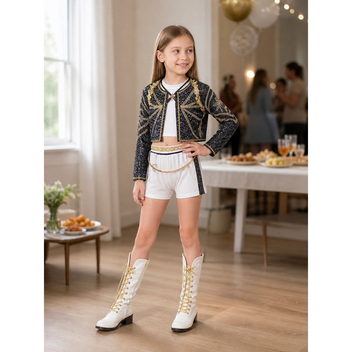 Kids' Black and White K-Pop Stage Costume Set worn at a party