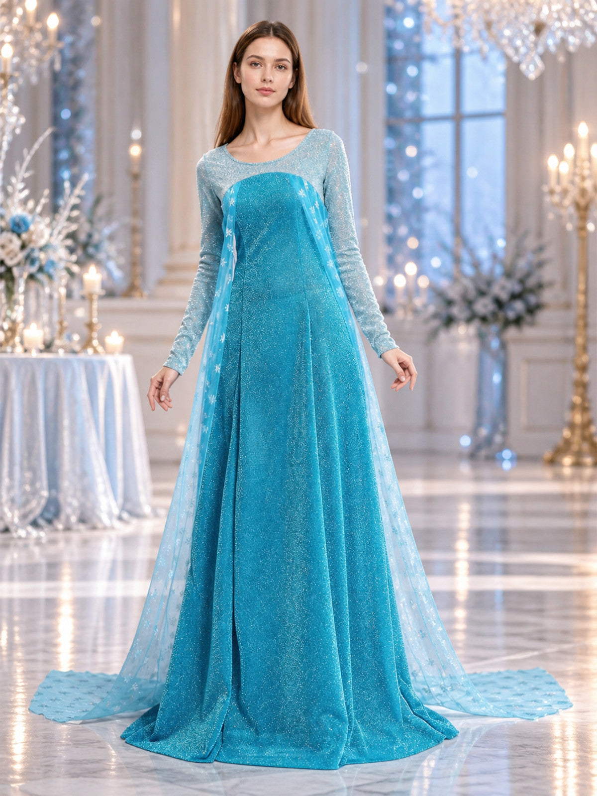 Turquoise Floor-Length Dress with Translucent Panels lifestyle view