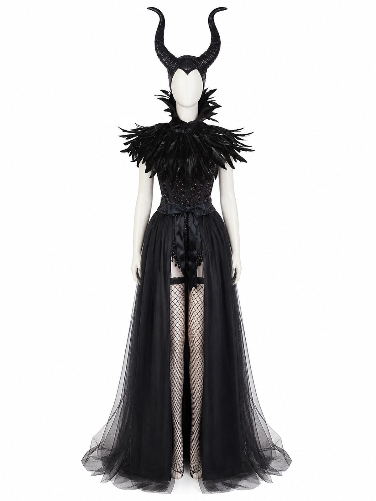 Women's Halloween Demon Costume Set - Black Mesh Long Dress, Stockings, Horned