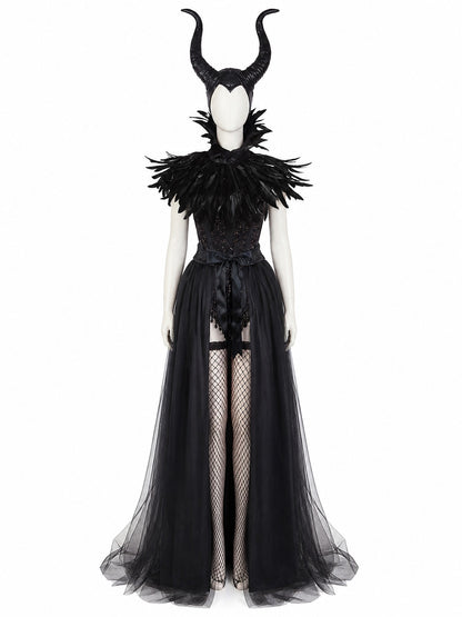 Women's Halloween Demon Costume Set - Black Mesh Long Dress, Stockings, Horned