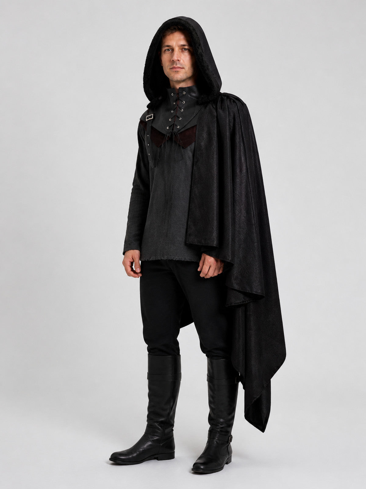 Medieval Hooded Cape, Black, Gothic Costume Capes detail