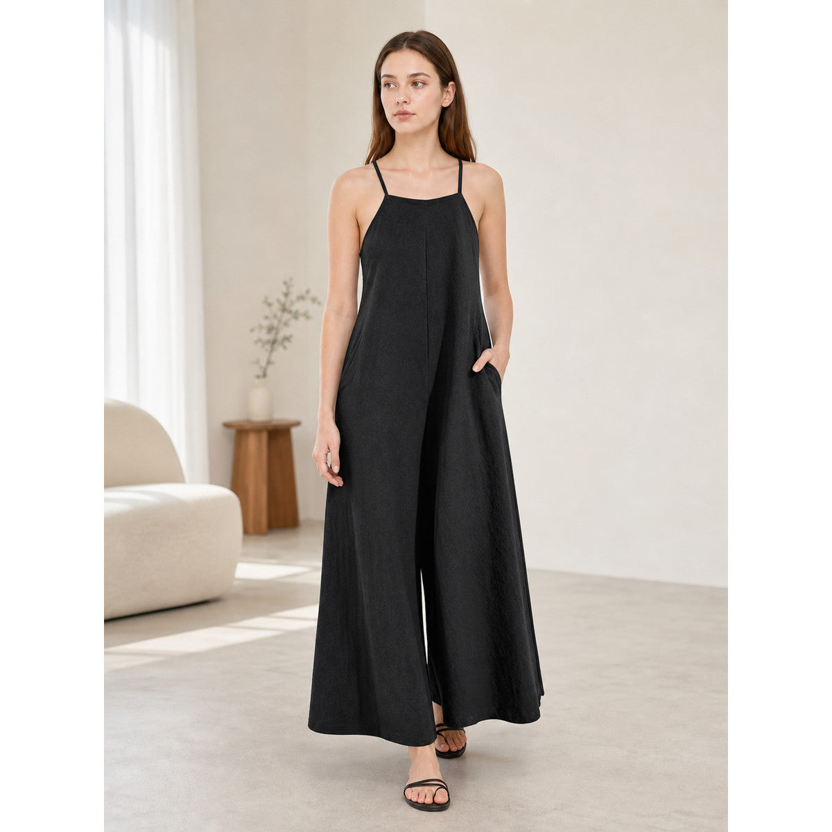 Loose Wide-Leg Black Cotton and Linen Overalls with Straps