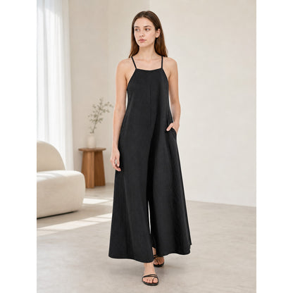 Loose Wide-Leg Black Cotton and Linen Overalls with Straps