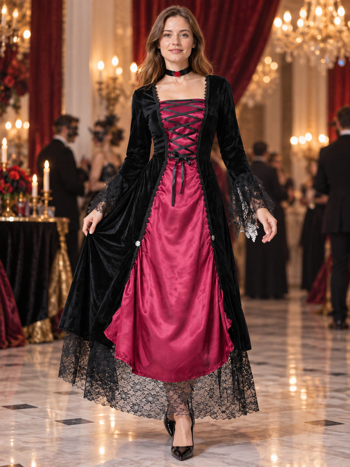 Black and Burgundy Carnival Dress with Lace and Lacing