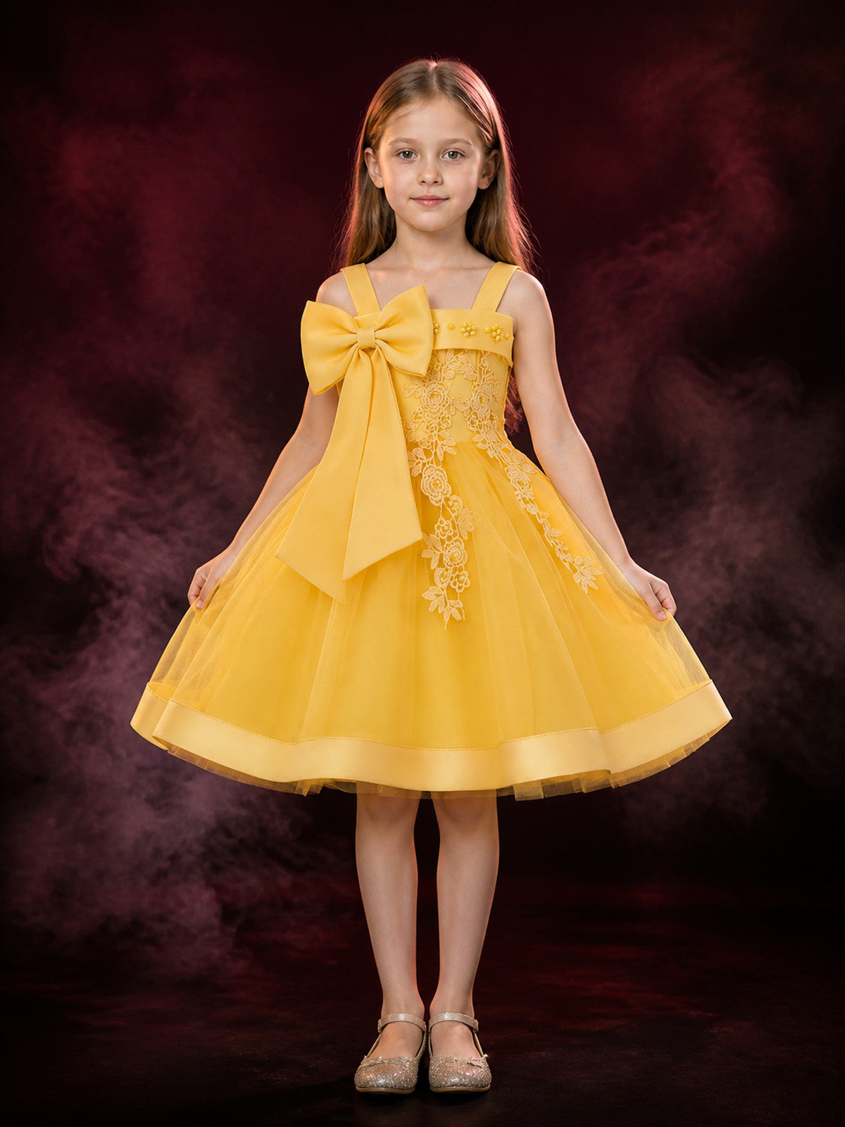 Girls' Princess Flower Girl Dress With Beaded Flowers, Lace Applique And Layered main product view