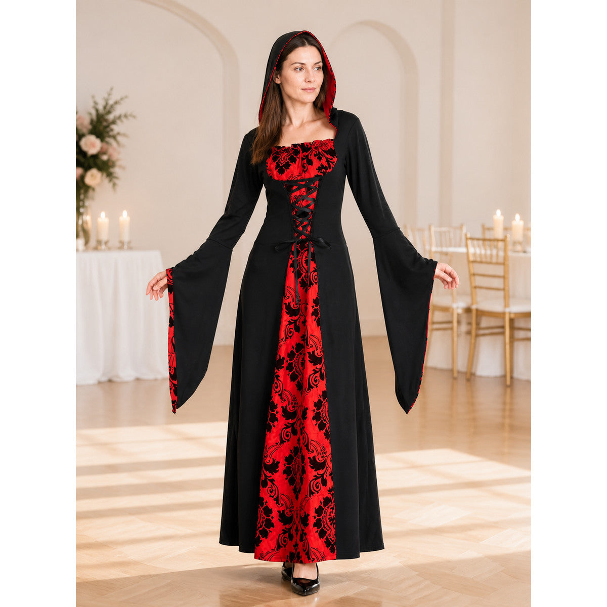 Black and Red Hooded Cloak for Cosplay lifestyle view