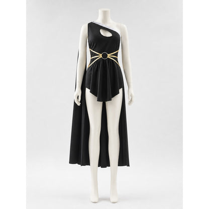 Stage costume with cape and gold-colored embellishments