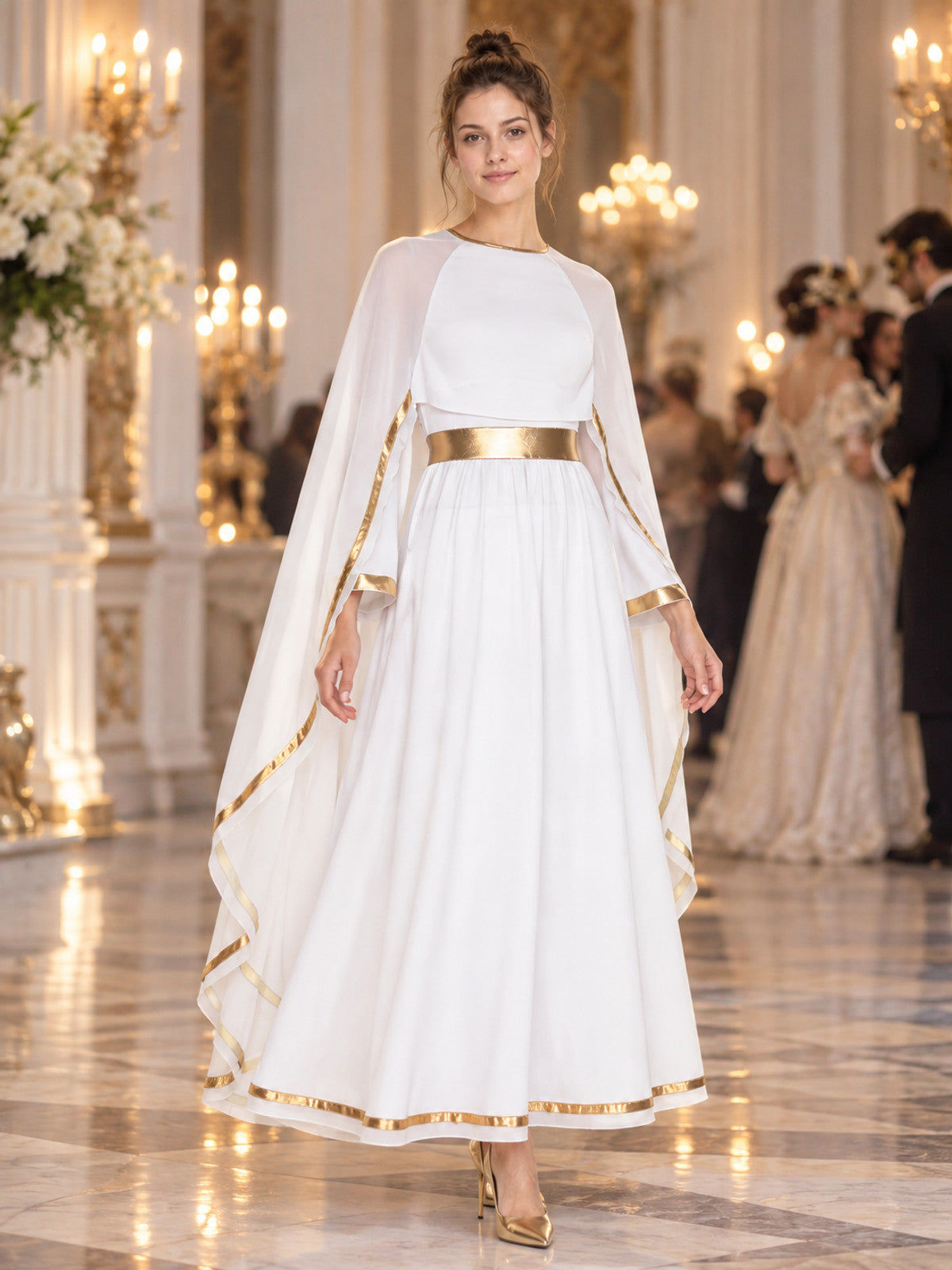 Floor-Length Dress with Gold Trim and Cape