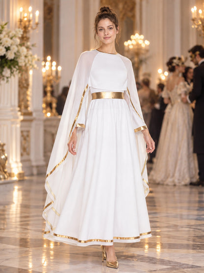 Floor-Length Dress with Gold Trim and Cape