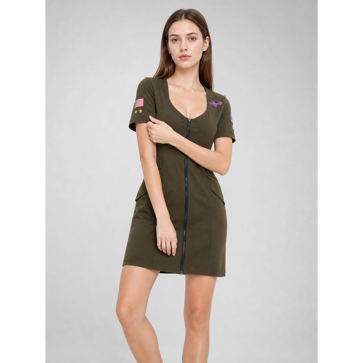 Military-Style Mini Dress with Zipper and Pockets on-model front view