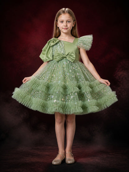 Toddler Girls' Princess Dress, Sparkly Tulle Ruffle Gown With Bow Details main product view