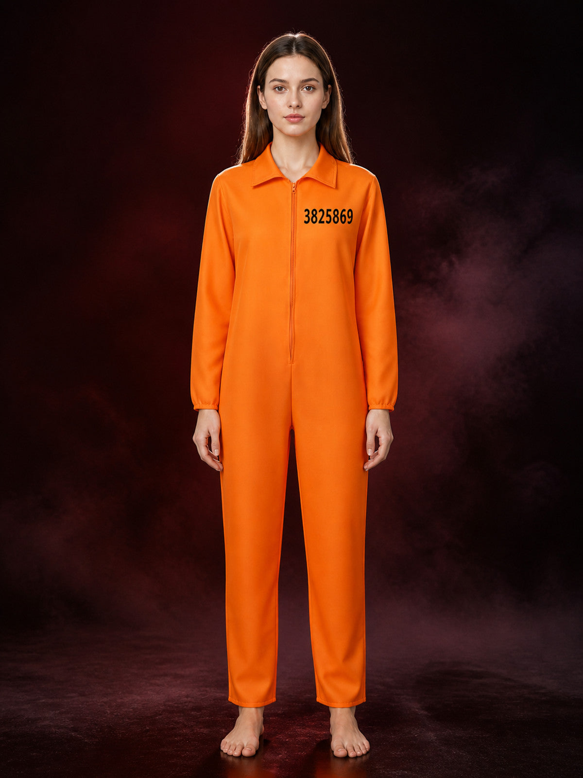 Orange Prisoner Jumpsuit Costume, Collared Zip-Front Long-Sleeve Number-Printed