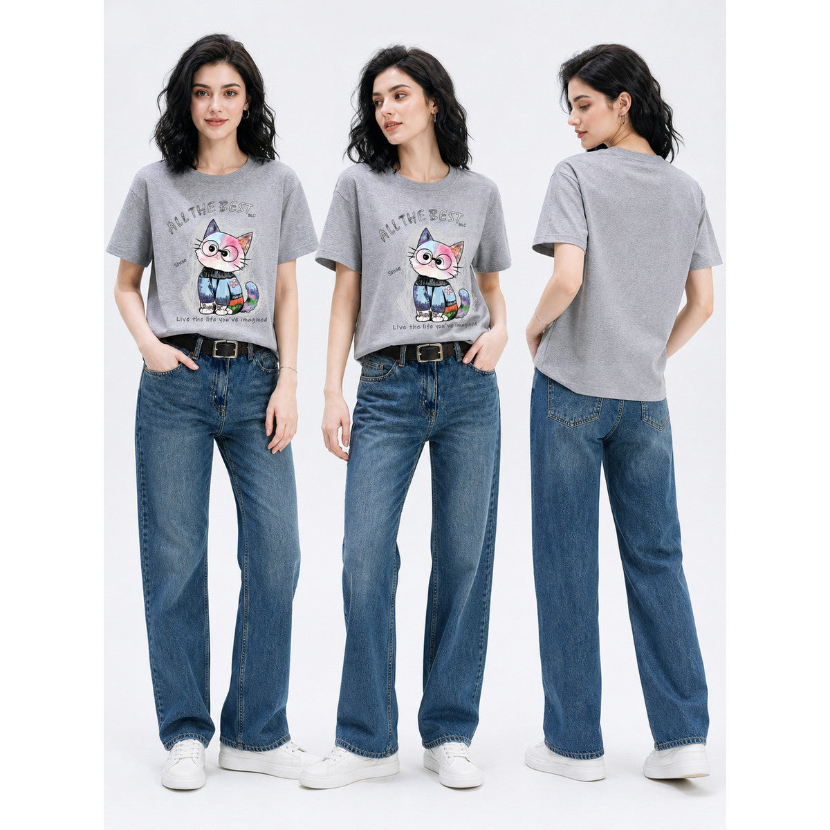 Women's Cat Print T-Shirt, Knit, Relaxed Fit lifestyle view