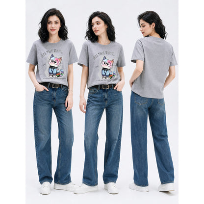Women's Cat Print T-Shirt, Knit, Relaxed Fit lifestyle view