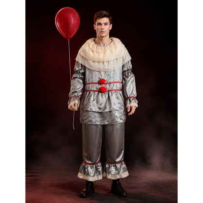 Adult Clown Jumpsuit Costume with Ruffled Collar and Red Sashes main product view