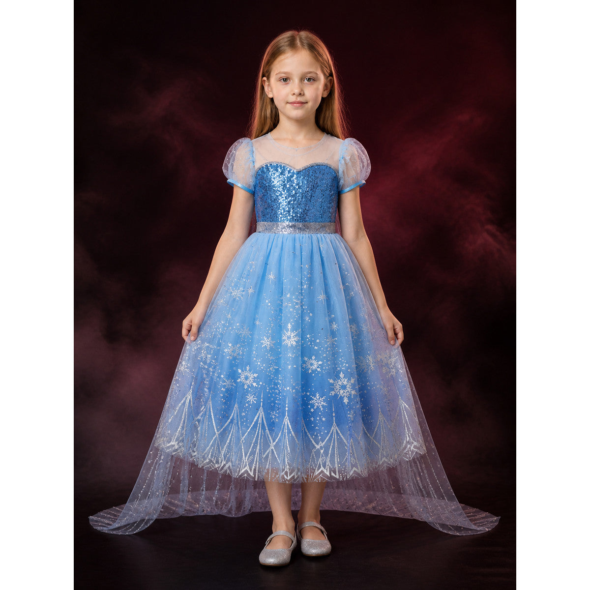Kids Snow Queen Princess Dress, Sequined Puffy Gown with Snowflakes, Halloween main product view