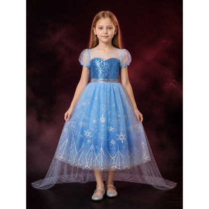 Kids Snow Queen Princess Dress, Sequined Puffy Gown with Snowflakes, Halloween main product view