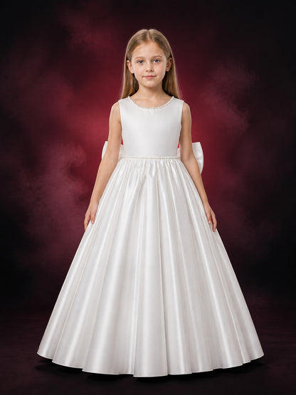 Girls' White Princess Dress, Sleeveless Long Formal Gown With Bow and Pearl-Like main product view