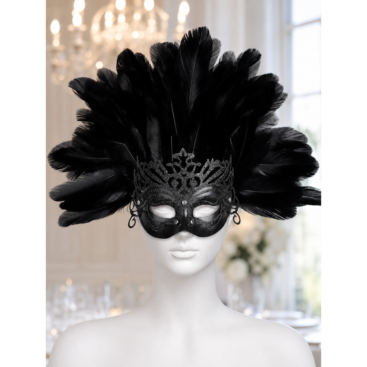 Carnival headpiece with black feathers and a mask lifestyle