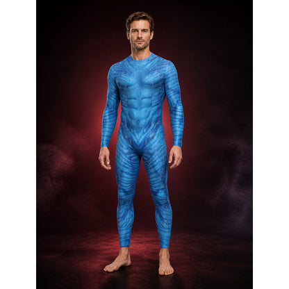Blue Alien Full Body Suit Costume, Muscle Contour Patterned Halloween Jumpsuit main product view